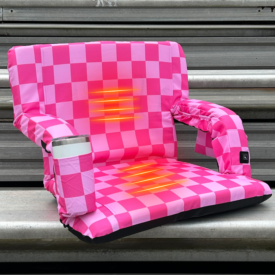 Heated Pink Checkerboard 23" Wide Stadium Seat with Armrests