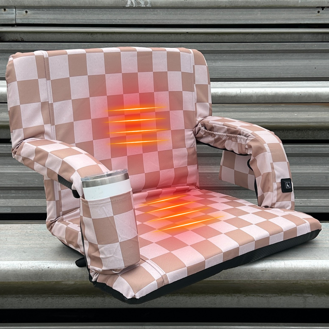 Heated Speckled Beige Checkerboard 23" Wide Stadium Seat with Armrests