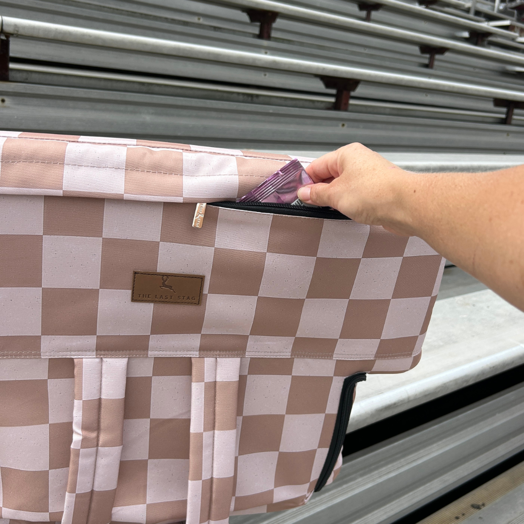 Heated Speckled Beige Checkerboard 23" Wide Stadium Seat with Armrests