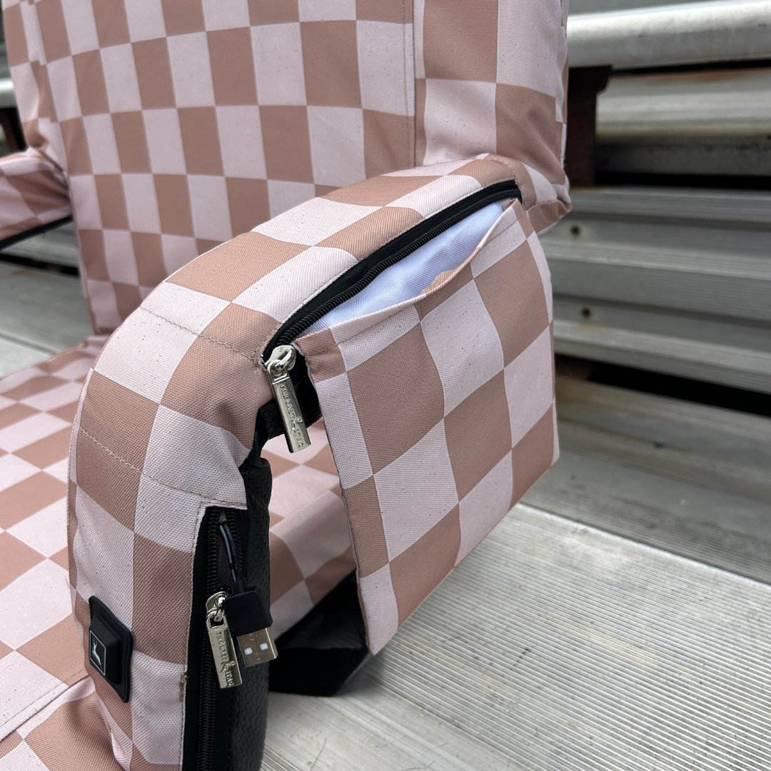 Heated Speckled Beige Checkerboard 23" Wide Stadium Seat with Armrests