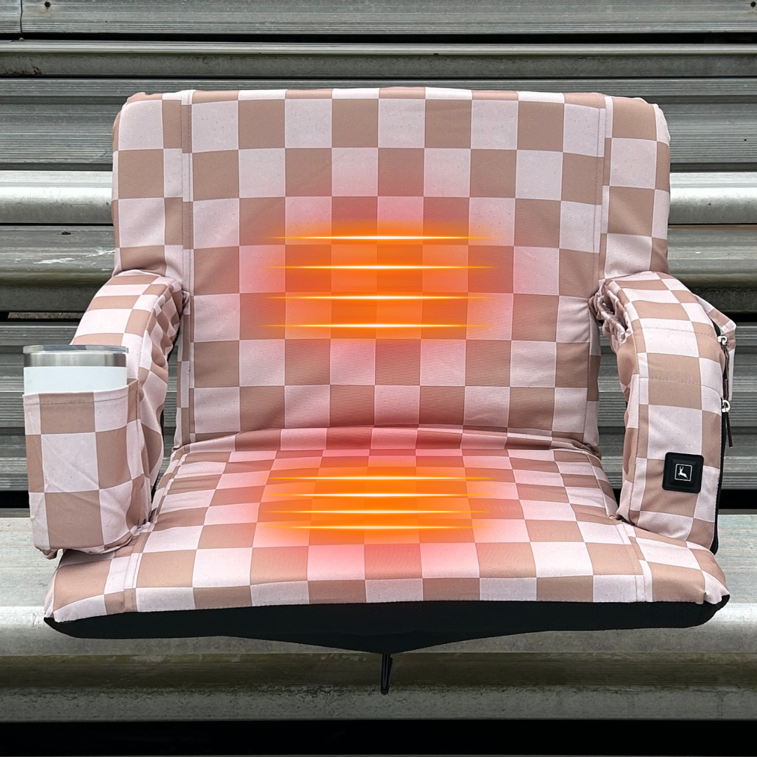 Heated Speckled Beige Checkerboard 23" Wide Stadium Seat with Armrests