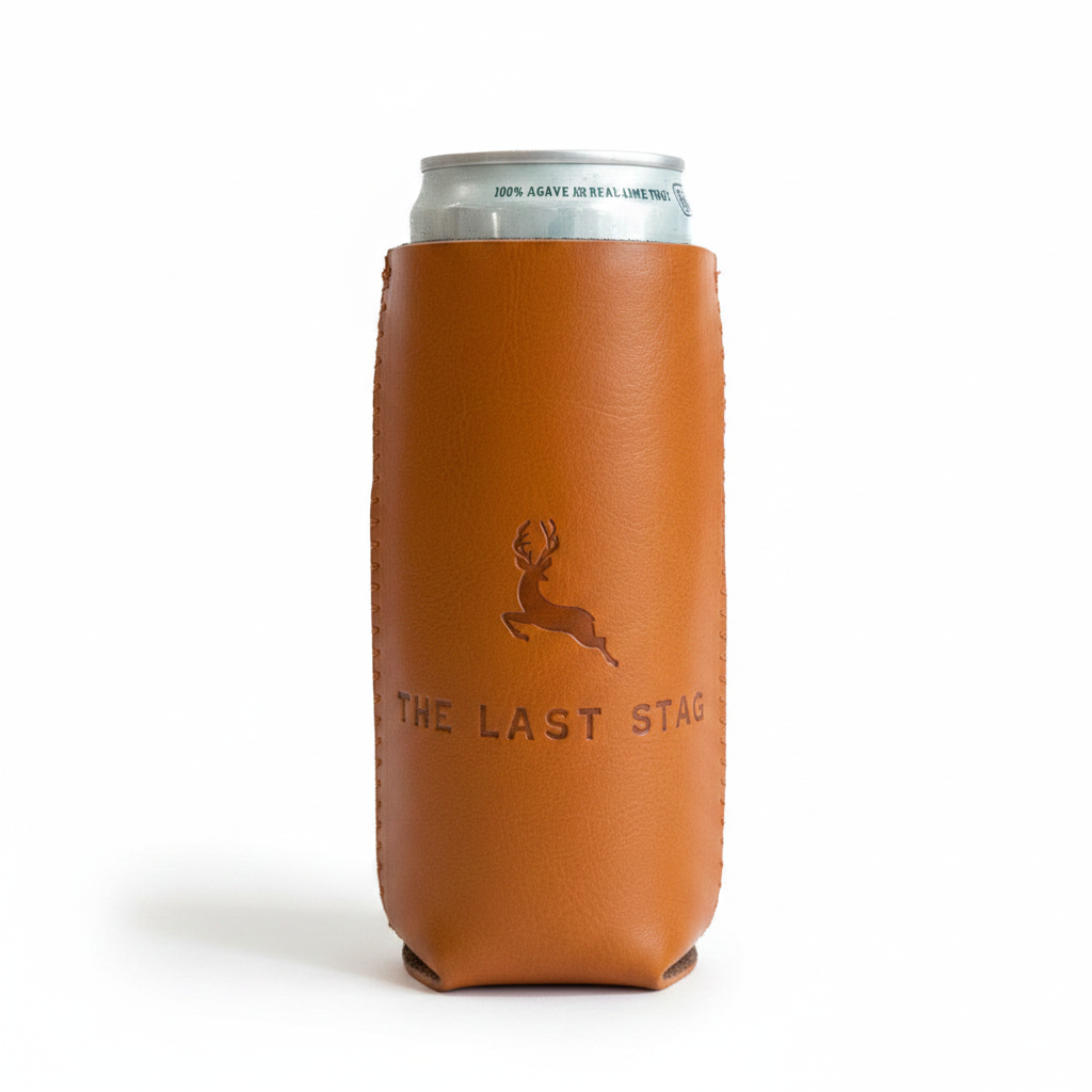 Brown can cooler with 'The Last Stag' branding on a white background