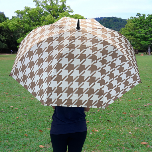 Beige and White Houndstooth - UPF 50+ Large Golf Umbrella