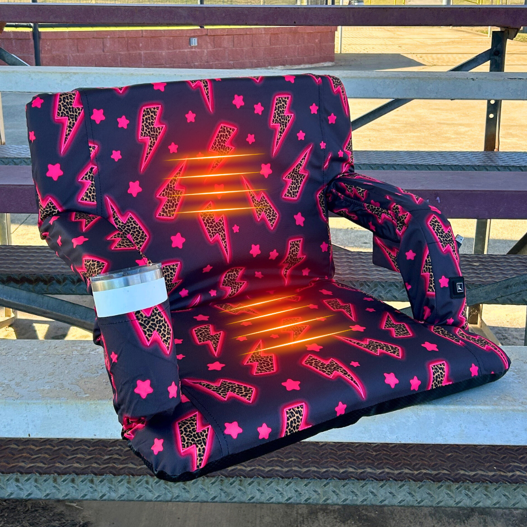 Heated Pink Leopard Lightning Bolts 23" Stadium Seat with Armrests