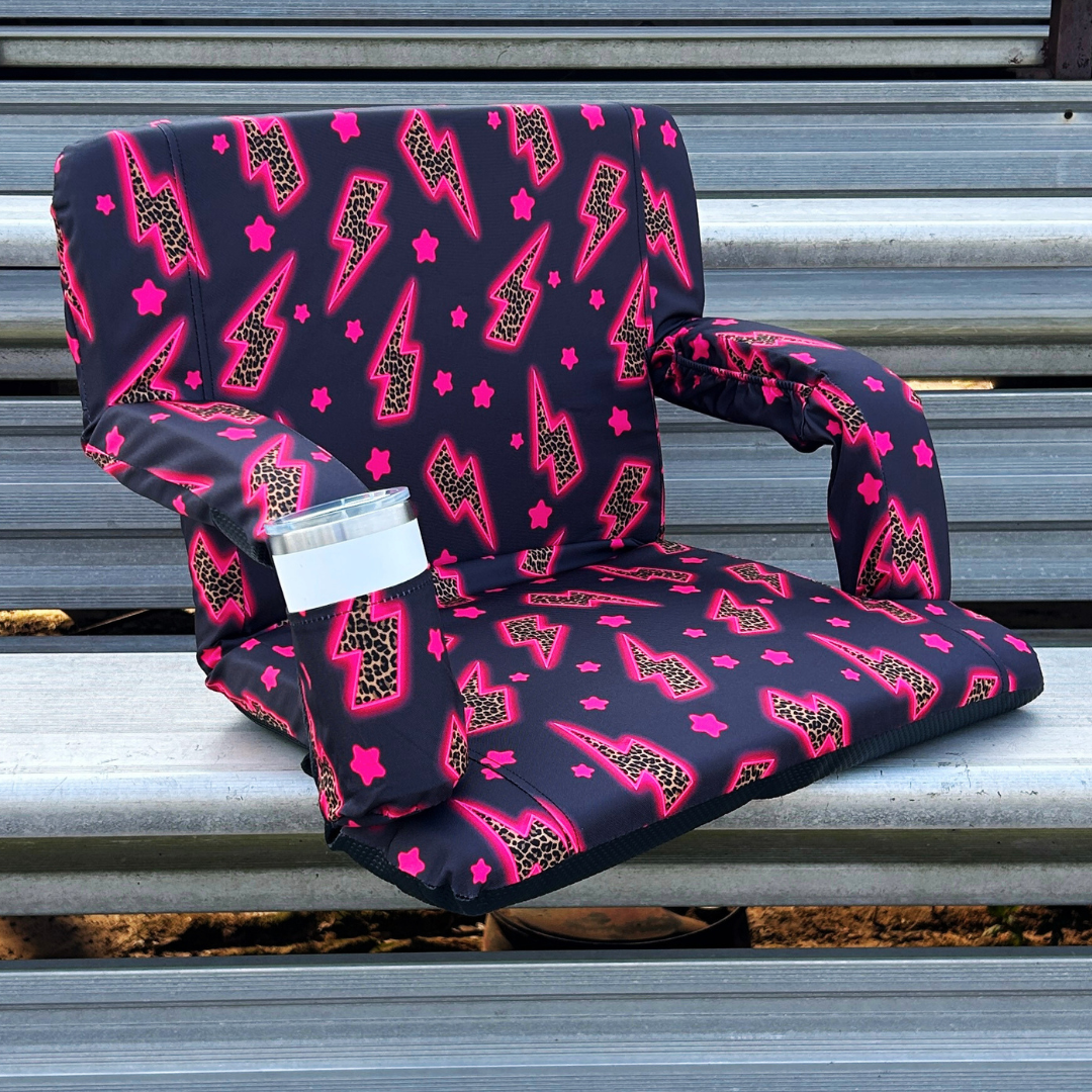 Pink Leopard Lightning Bolts 23" Stadium Seat with Armrests