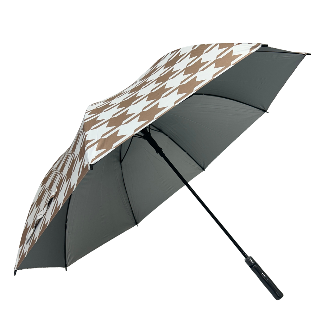 Beige and White Houndstooth - UPF 50+ Large Golf Umbrella