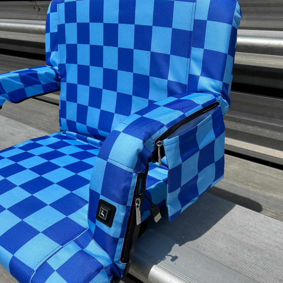 Heated Blue Checkerboard 23" Stadium Seat with Armrests