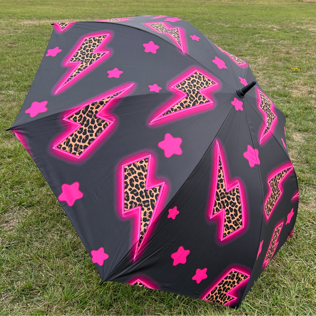 Pink Leopard Lightning Bolts - UPF 50+ Large Golf Umbrella