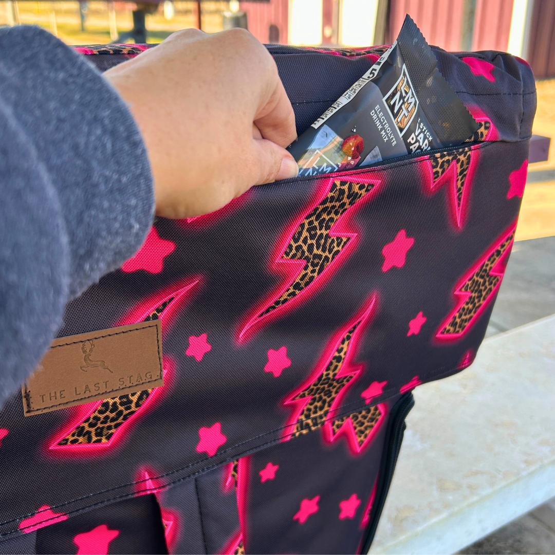 Heated Pink Leopard Lightning Bolts 23" Stadium Seat with Armrests