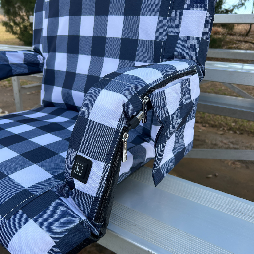 Heated Navy Buffalo 23" Stadium Seat with Armrests