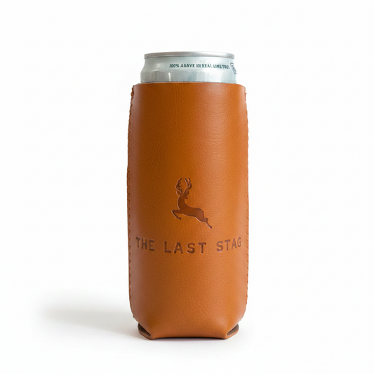 Brown can cooler with 'The Last Stag' branding on a white background
